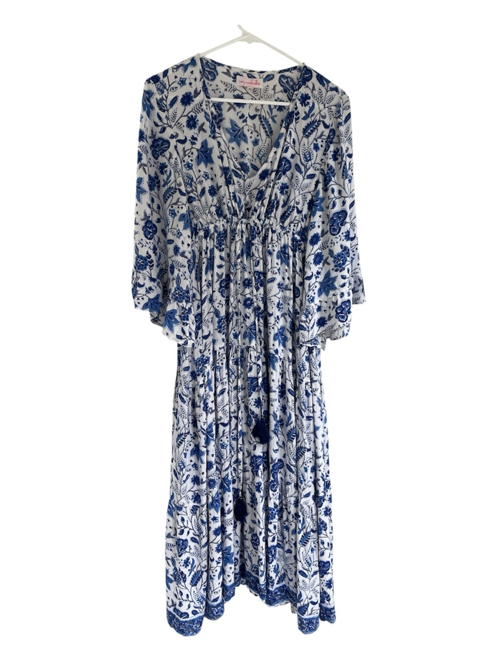 Mary Marshmallow Blue White Floral Tie Tassel Flowy V Neck Maxi Dress M